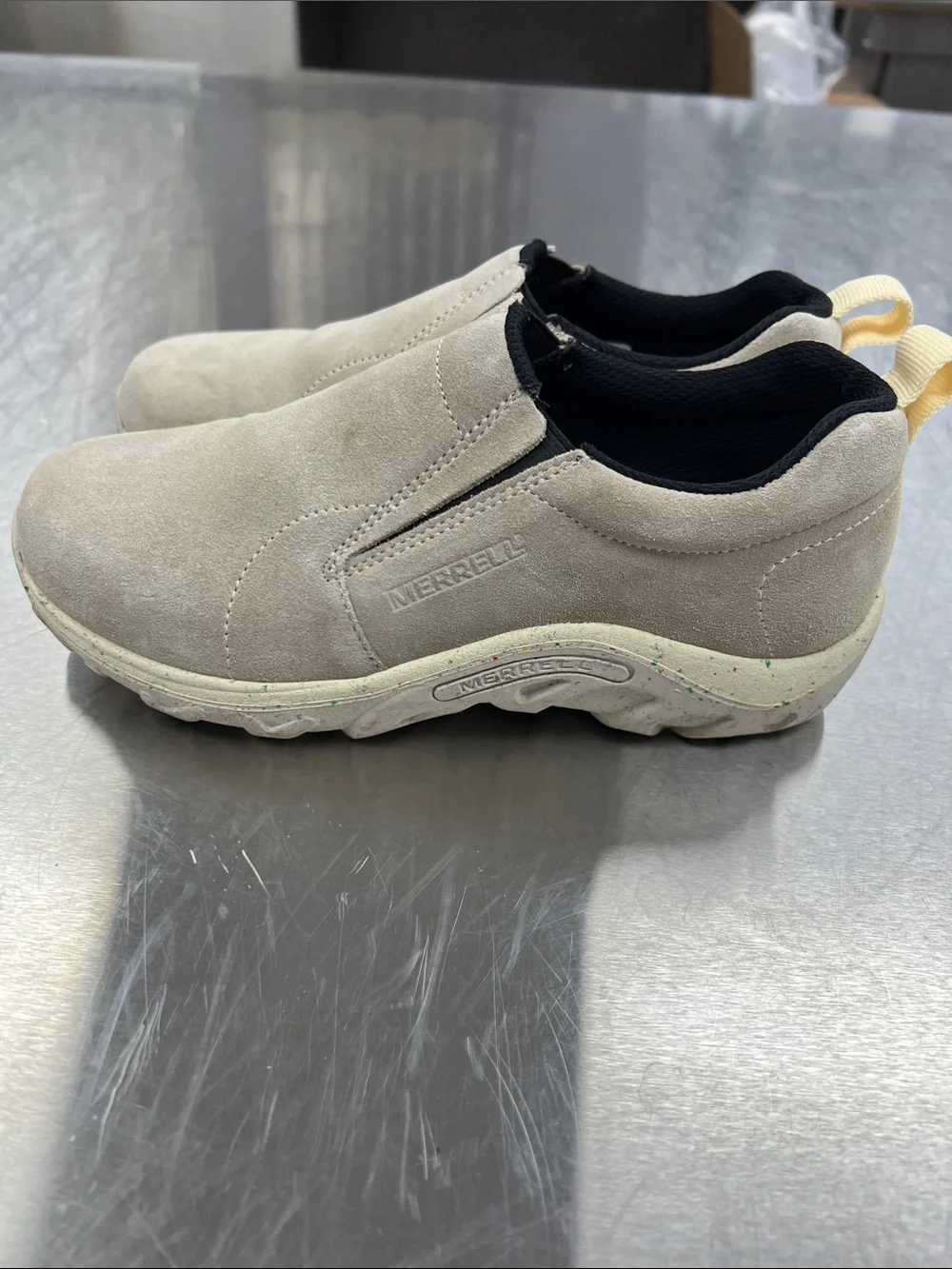 Merrell Slip-On Suede Sneakers in Light Beige with Black Accents Kids 3.5